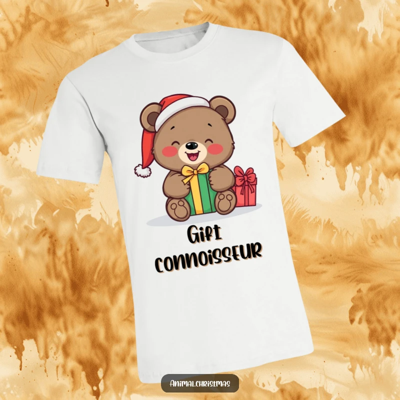 Funny t-shirt featuring a bear in a Santa hat, joyfully unwrapping a present with excitement and festive anticipation.