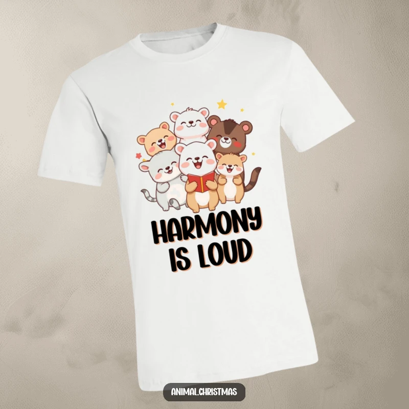 Funny t-shirt with a group of animals joyfully singing carols, their faces beaming with cheerful holiday spirit and musical delight.