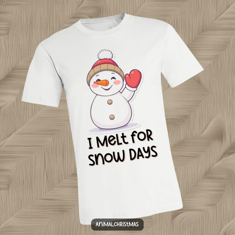 Funny snowman t-shirt featuring a cheerful character with a carrot nose, waving a mitten, perfect winter apparel.