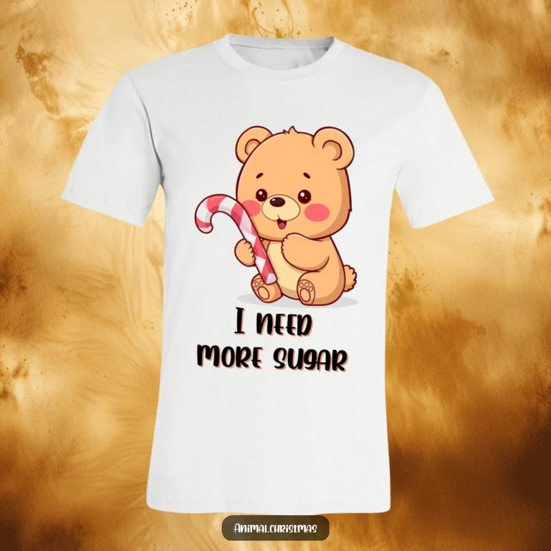 Funny T-shirt showcasing an adorable, excited bear cub clutching a giant candy cane, radiating pure holiday cheer and sweetness.