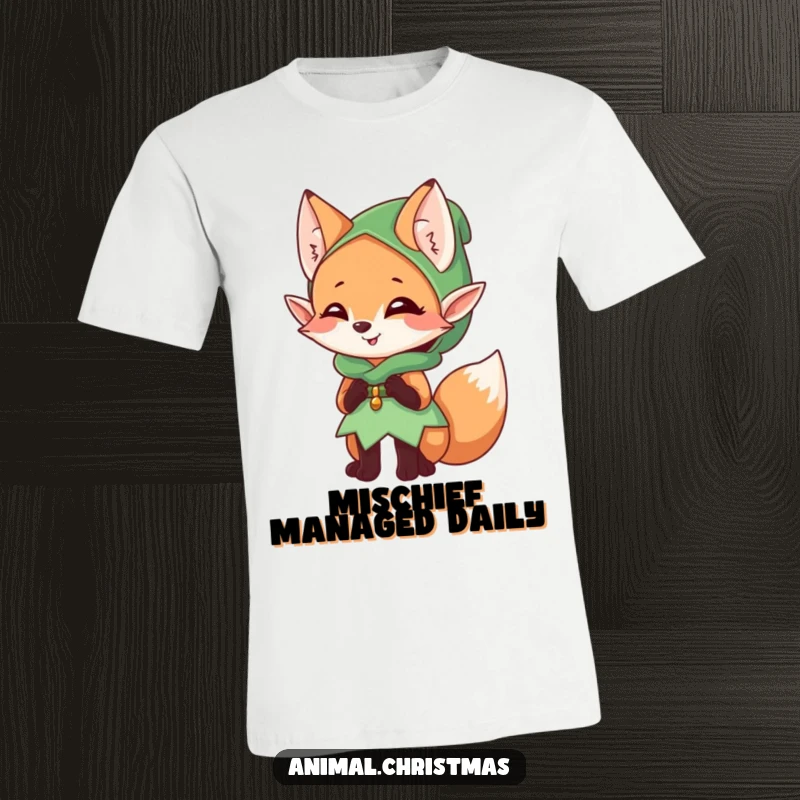 Funny elf fox t-shirt, a mischievous character giggling, dressed as an elf, perfect for playful people.