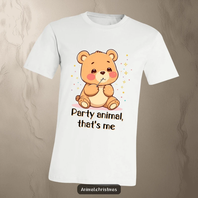 Funny kawaii bear t-shirt, happily blowing sparkly confetti, cute party apparel, cheerful and festive design.
