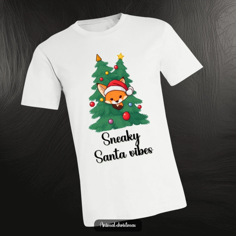 Funny Fox Santa T-Shirt: A fox wearing a Santa hat joyfully peeking from behind a Christmas tree, perfect for holiday fun.