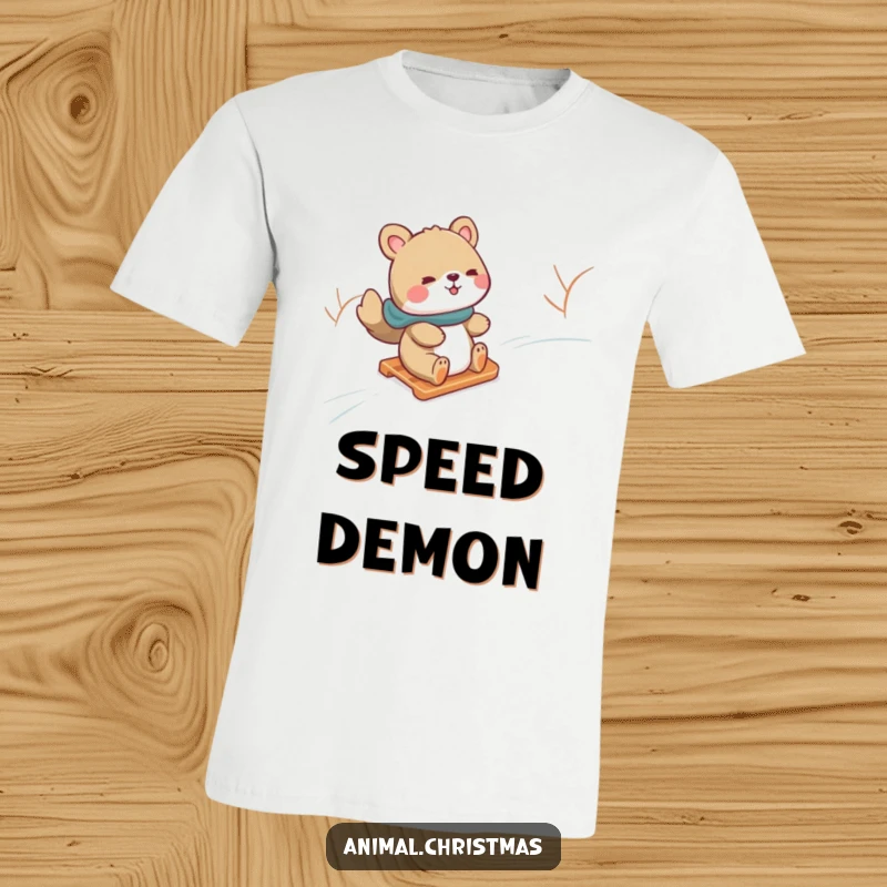 Funny t-shirt with an animal gleefully sliding down a snowy hill on a sled, capturing the excitement of winter sports.