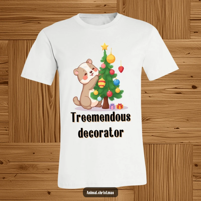 Funny t-shirt of a happy animal decorating a small pine tree with ornaments, expressing holiday crafting and festive cheer.