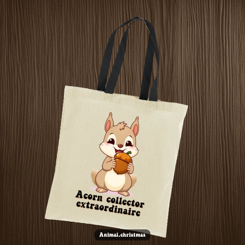 Funny squirrel tote bag featuring a cheerful squirrel smiling widely while holding a festive acorn, perfect for holiday shopping.