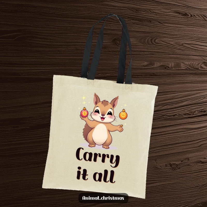 Funny tote bag displaying a squirrel skillfully juggling tiny, sparkling Christmas ornaments, ideal for festive shopping or daily use.