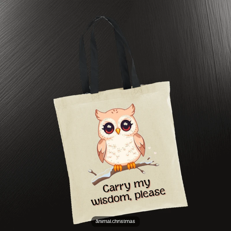 Funny kawaii owl tote bag, twinkling eyes, perched on a snowy branch, cute and practical accessory for carrying items.