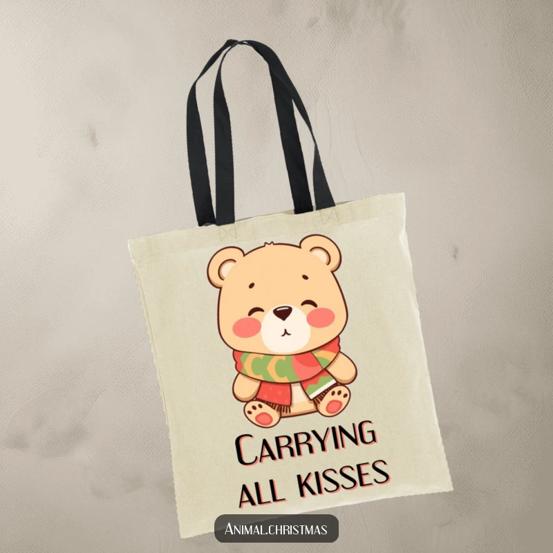 Funny Bear Kiss Tote Bag, a cute bear with a festive scarf blowing a kiss, perfect for carrying daily items with a touch of sweet, humorous charm.