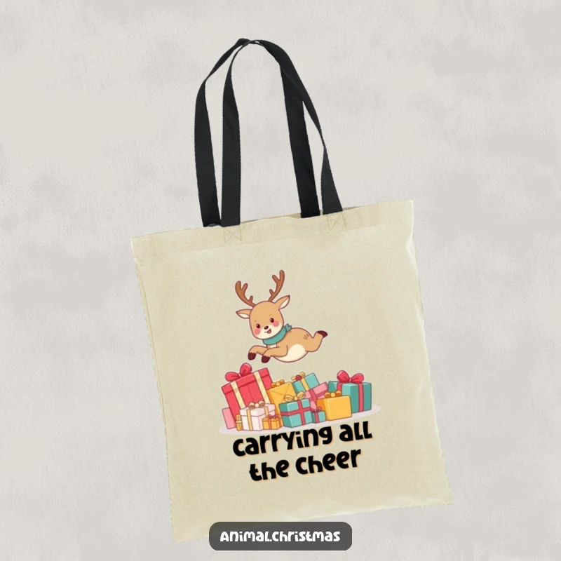Funny tote bag illustrating a cute reindeer joyfully leaping over a pile of presents, perfect for carrying holiday shopping with a smile.