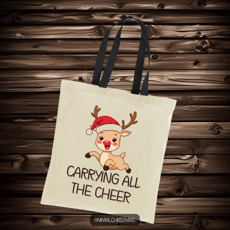 Funny tote bag with a joyful reindeer wearing a Santa hat, leaping energetically, a humorous and practical holiday accessory.