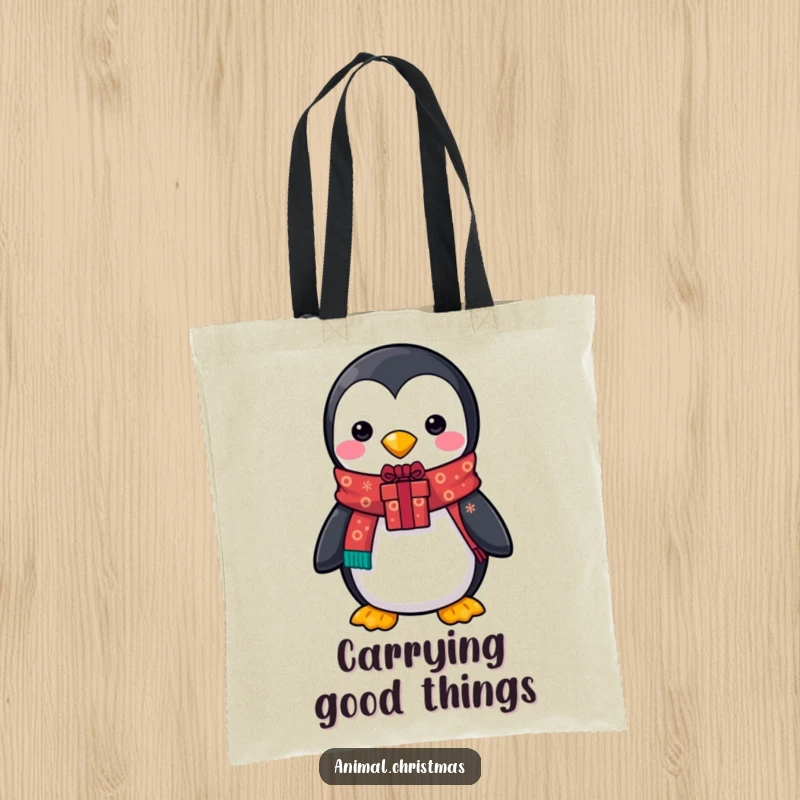 Funny tote bag depicting a penguin in a festive scarf, holding a beautifully decorated gift, a charming holiday accessory.