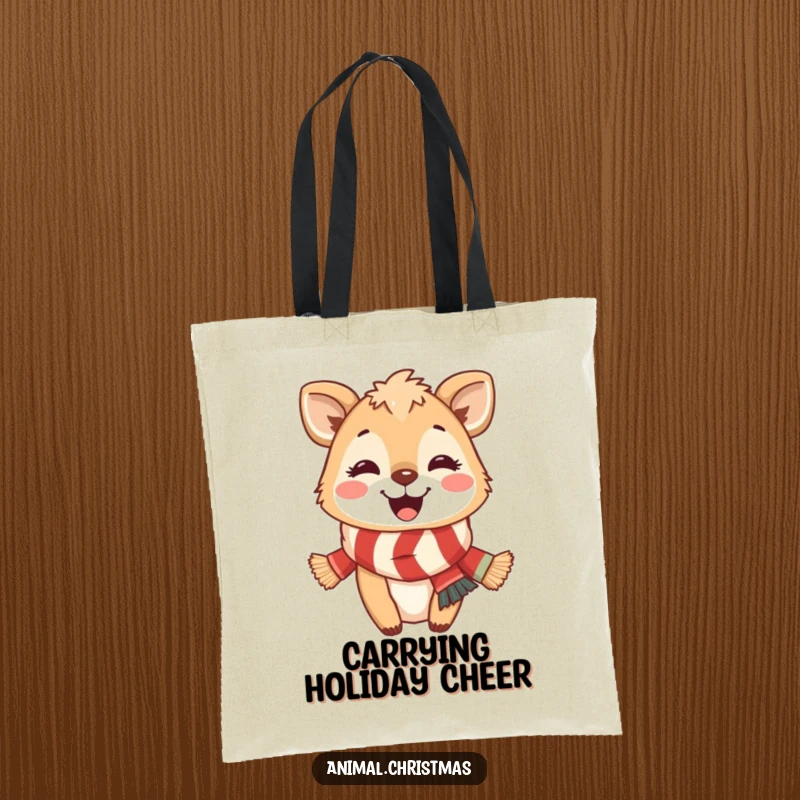 Funny Tote Bag: A happy animal in a festive scarf showcases a broad smile, perfect for spreading holiday cheer.