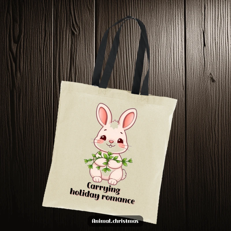 Funny kawaii bunny tote bag, holding mistletoe with a shy smile, cute and practical accessory for carrying holiday items.