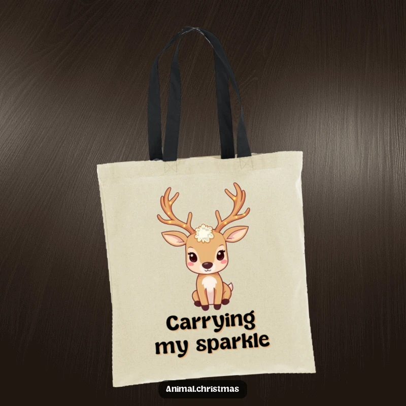 Funny deer tote bag with antlers adorned with twinkling lights, practical and stylish for carrying.