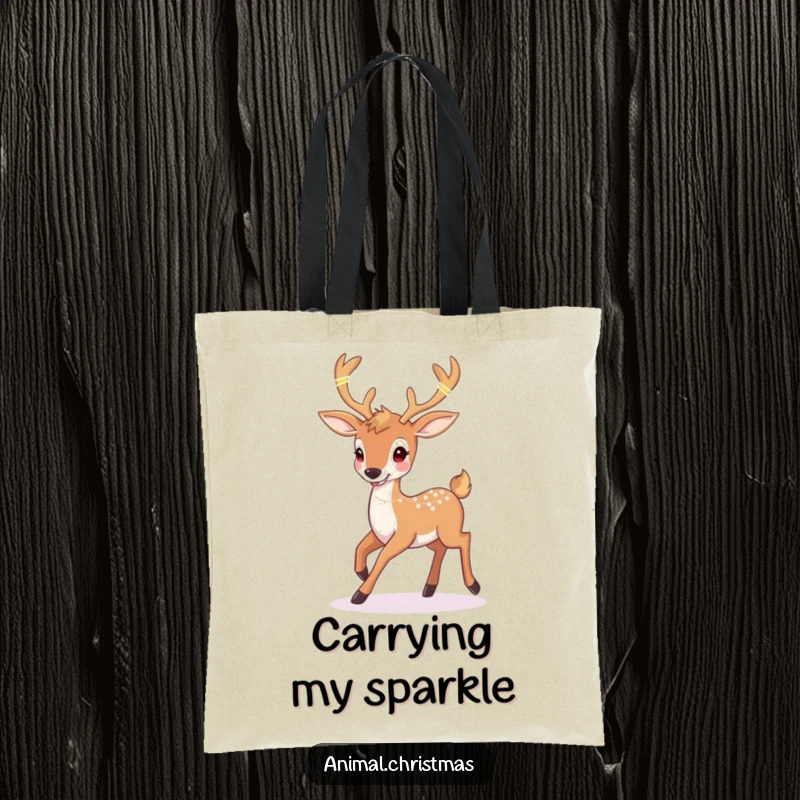 Funny deer Christmas tote bag with a happy deer prancing with twinkling lights woven into its antlers, ideal for holiday shopping.