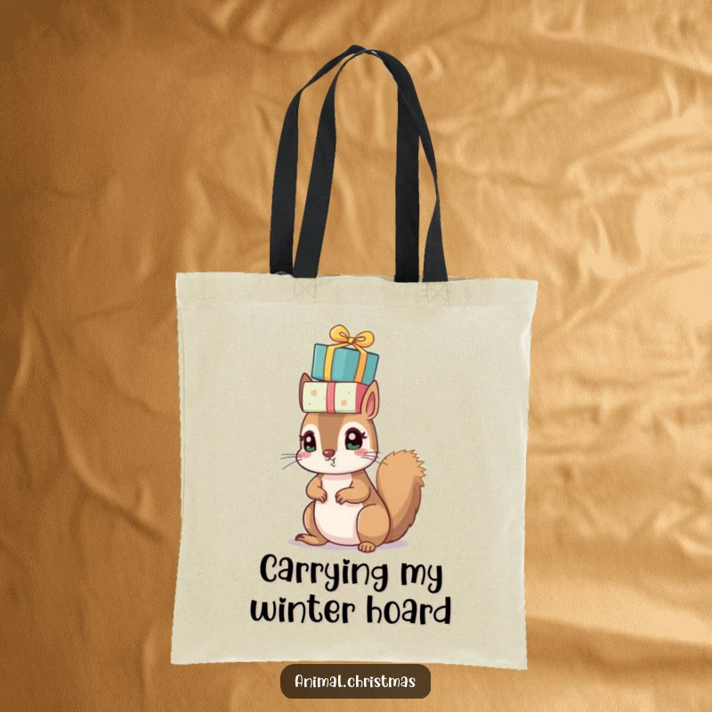 Funny Christmas tote bag depicting a small squirrel with bright eyes, precariously balancing a pile of wrapped presents on its head.
