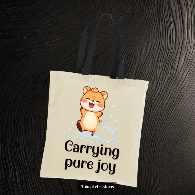 Funny Tote Bag: An animal joyfully kicks up snow with a happy expression, bringing energetic winter cheer.