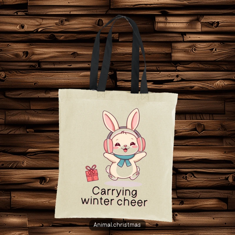 Funny tote bag with a rabbit wearing earmuffs, hopping with festive cheer, perfect for carrying holiday items.