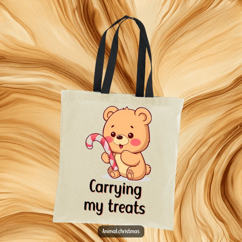 Funny tote bag featuring an excited bear cub holding a candy cane, perfect for carrying holiday cheer and essentials.