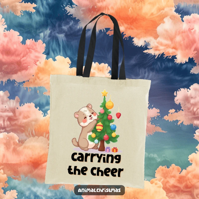 Funny tote bag with a happy animal decorating a small Christmas tree, perfect for carrying craft supplies with holiday spirit.