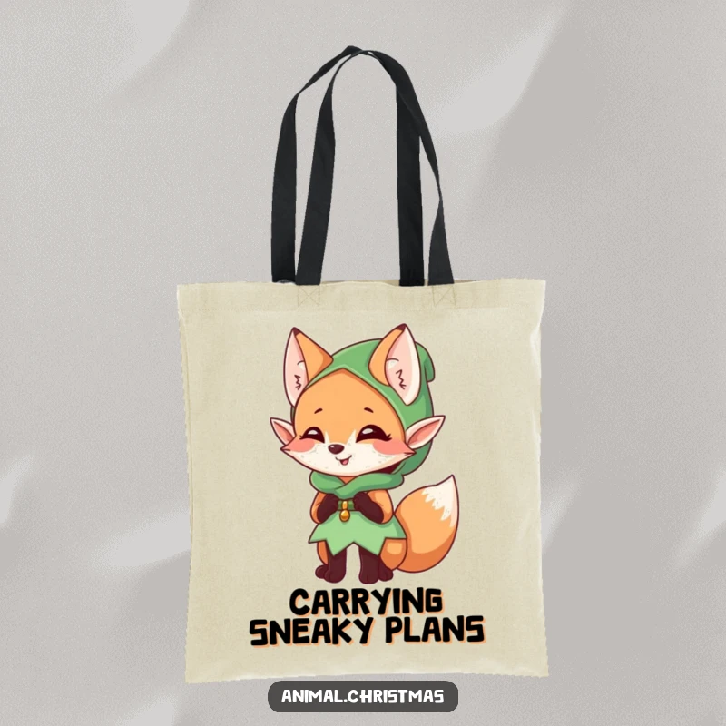 Funny elf fox tote bag, a mischievous character giggling, dressed as an elf, practical and stylish.