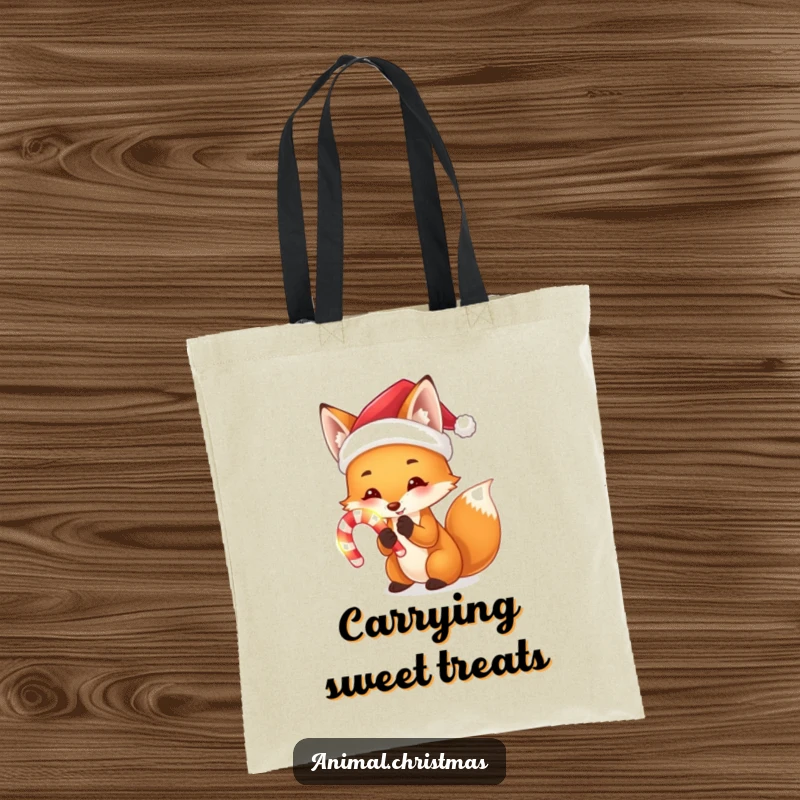 Funny tote bag displaying a fox with a Santa hat, holding a glowing candy cane, ideal for festive shopping or daily use.