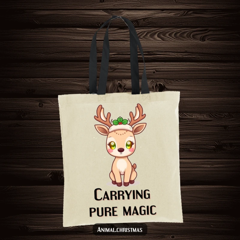 Funny kawaii deer tote bag, with glowing eyes, radiating holiday cheer, cute and practical accessory for carrying holiday items.