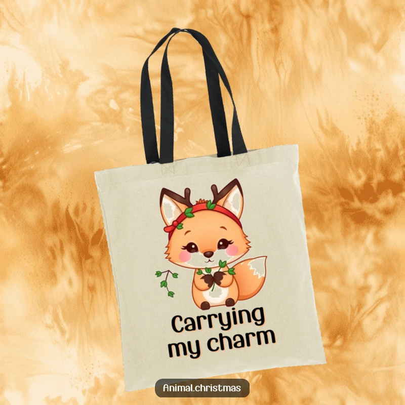 Funny kawaii fox wearing a reindeer headband, holding mistletoe, on a durable and stylish tote bag.