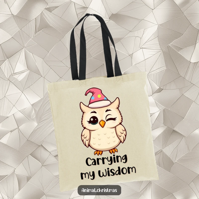 Funny kawaii owl wearing a festive hat, blinking with amusement on a durable and stylish tote bag.