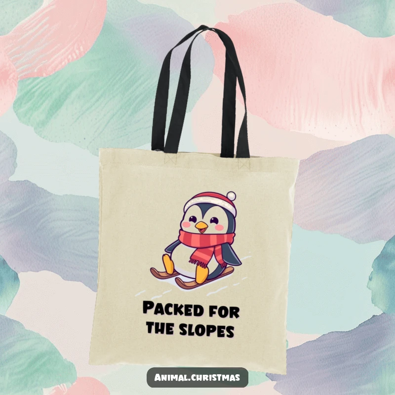 Funny tote bag displaying a penguin wearing a festive scarf, joyfully sliding down a snowy hill, ideal for winter shopping or daily use.