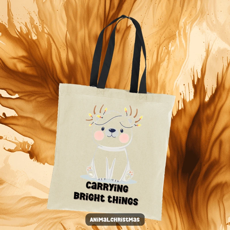 Funny tote bag featuring a polar bear humorously tangled in twinkling Christmas lights, a whimsical holiday accessory.