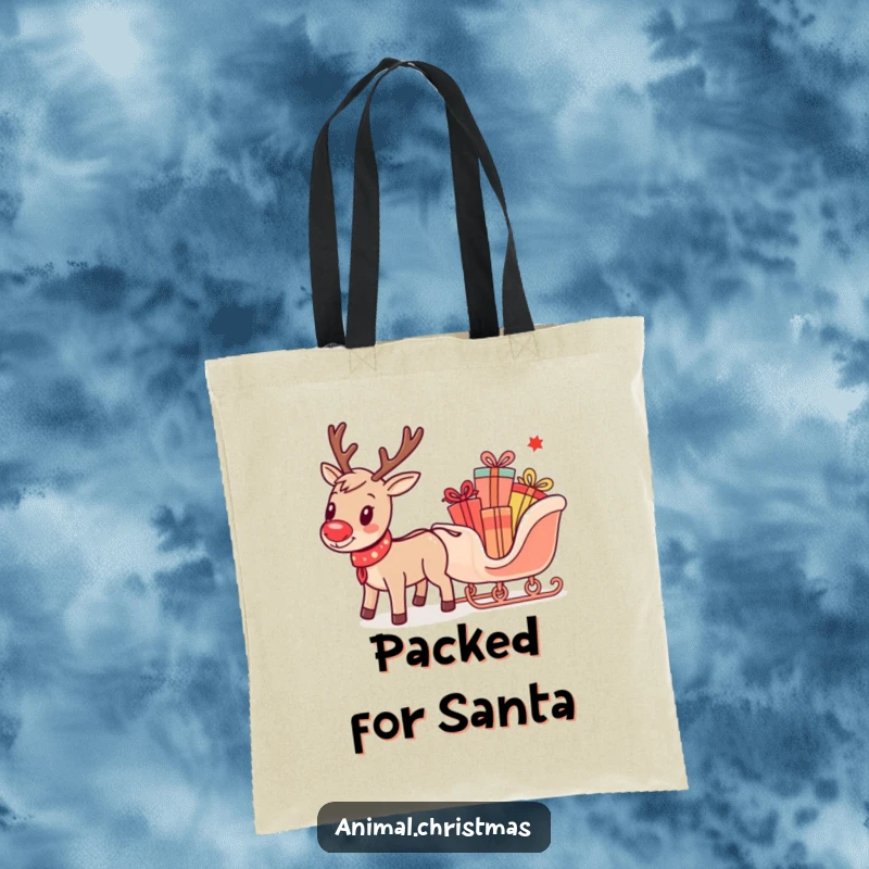 Funny tote bag illustrating a cheerful reindeer pulling a tiny sleigh overflowing with holiday gifts, ideal for Christmas shopping.