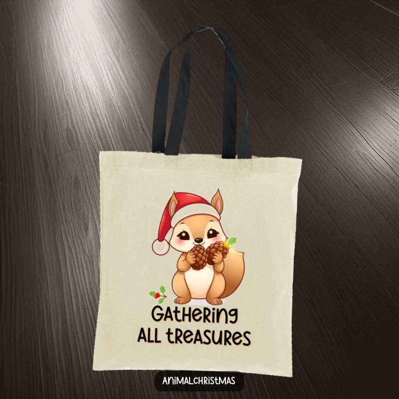 Funny squirrel tote bag with a Santa hat, holding a glowing pinecone, ideal for holiday shopping.