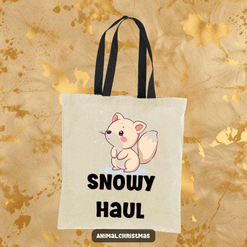 Funny tote bag with an animal playfully sprinkling sparkling snow, ideal for carrying items with a touch of winter magic.