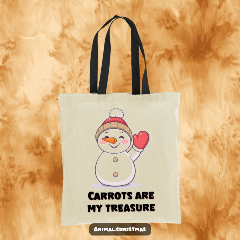 Funny snowman tote bag featuring a happy character with a carrot nose, waving a mitten, perfect for shopping.