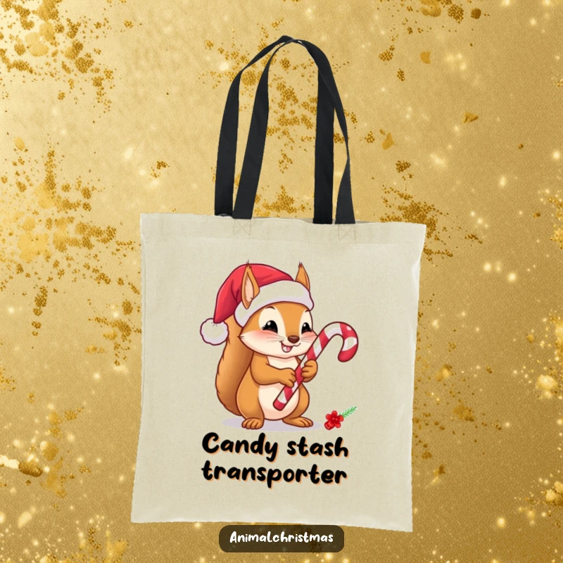 Funny Squirrel Candy Cane Tote Bag, a cartoon squirrel wearing a Santa hat holds a candy cane, perfect for holiday shopping and everyday use with humor.