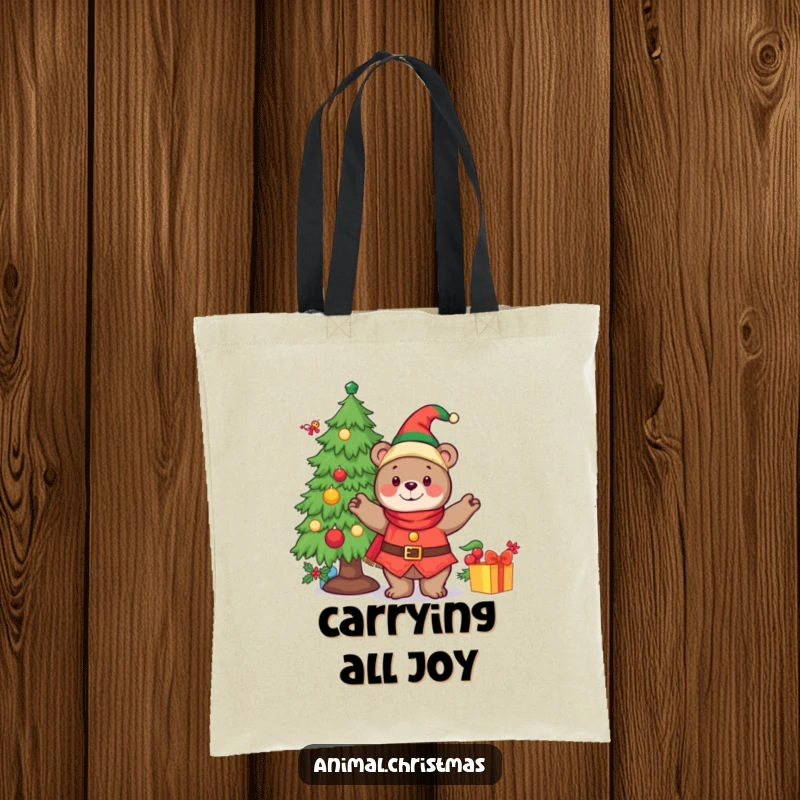 Funny tote bag with a cheerful bear dressed as an elf, decorating a Christmas tree with festive flair.