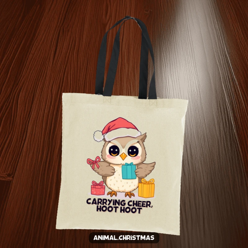 Funny tote bag depicting a cute owl in a Santa hat distributing presents, ideal for holiday errands and cheer.