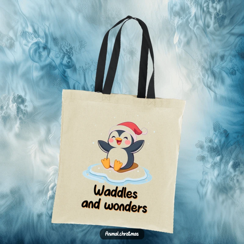 Funny Penguin Santa Tote Bag: A penguin wearing a Santa hat joyfully sliding on ice, great for everyday use.